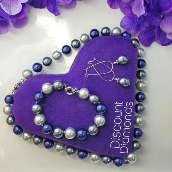12 mm Three Color Blue Silver Grey 4 Piece Set South Sea Shell Pearls 925 Clasps - Picture 1 of 6